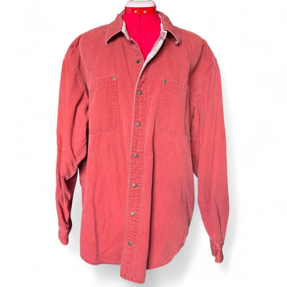 L.L.Bean Brick Red Canvas Jacket Shacket Plaid Flannel Lining Cotton Vintage XL